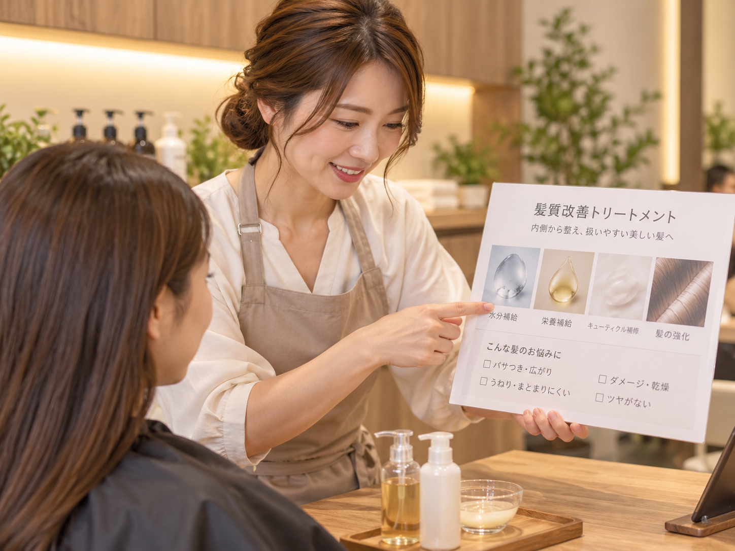 髪質改善トリートメントについてお客様へ説明するカウンセリングの様子