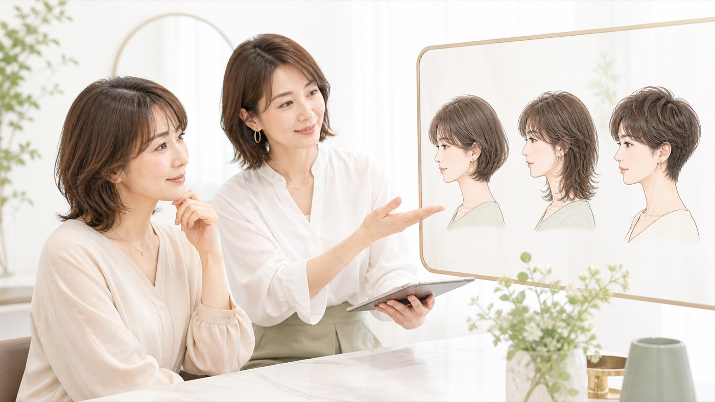 顔立ちと髪型のバランスを比較する、大人女性のヘアスタイルイメージ