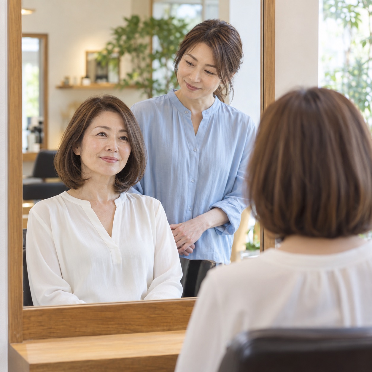 鏡の前で女性客と美容師が髪型について相談しているイメージ