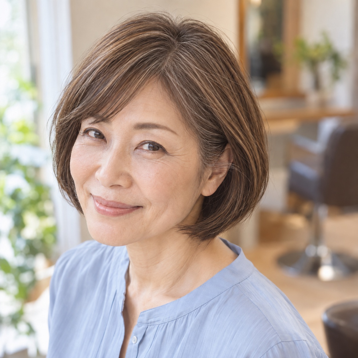 生え際の白髪を明るいブラウンになじませた、丸みのあるショートヘアの女性のイメージ