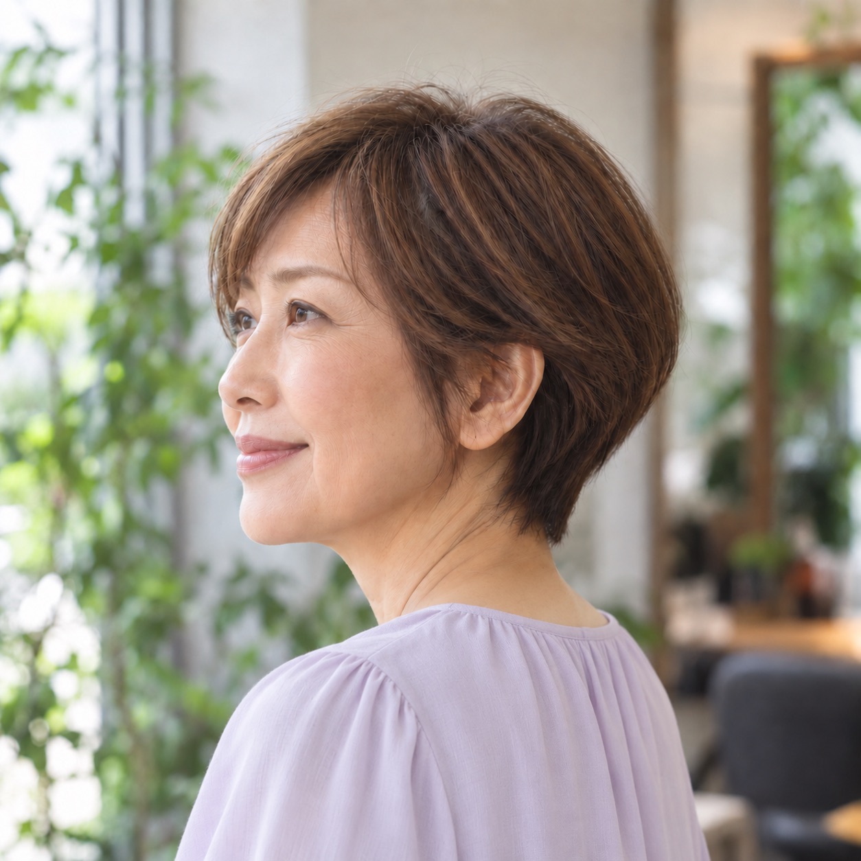トップの高さと後頭部の丸みが見える、横向きのショートヘアの女性のイメージ