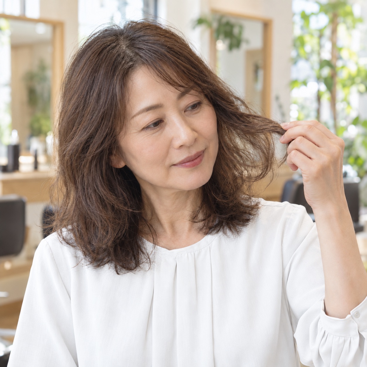 女性が手に取った髪のうねりと毛先の広がりを確認しているイメージ