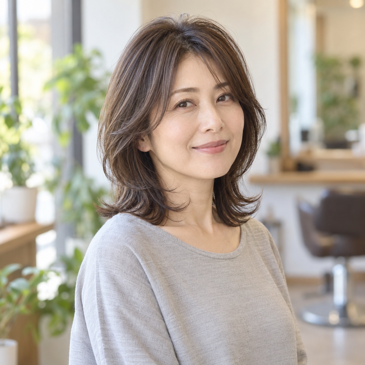 顔まわりのレイヤーと毛先の動きが分かる、ミディアムヘアの女性のイメージ