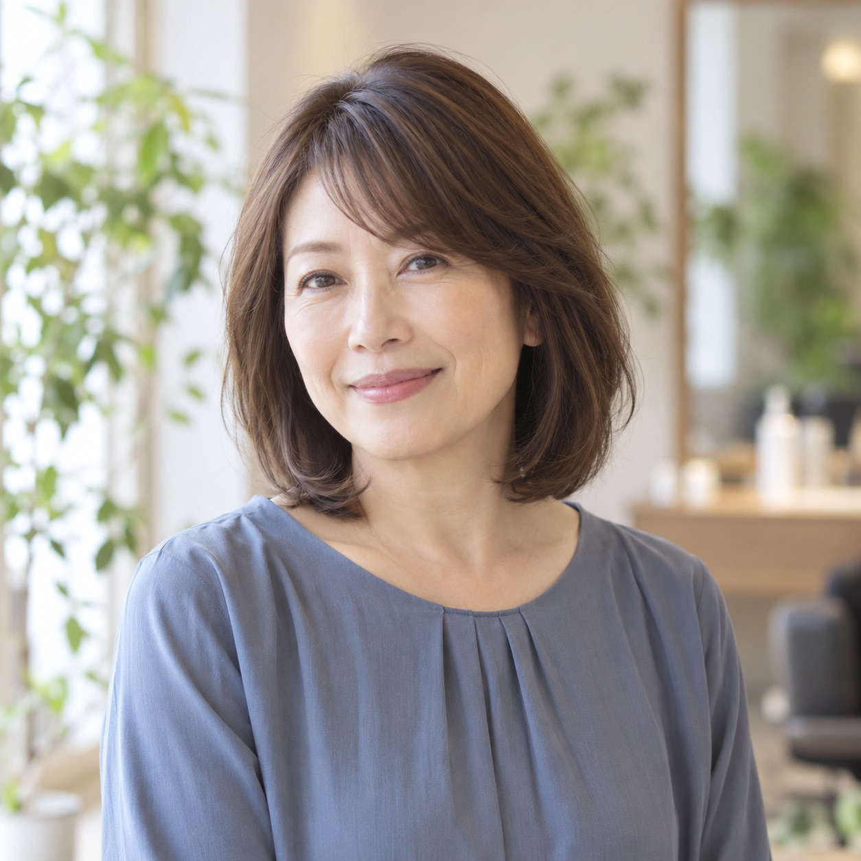 白髪を自然になじませた、やわらかなブラウンのミディアムヘアの女性のイメージ