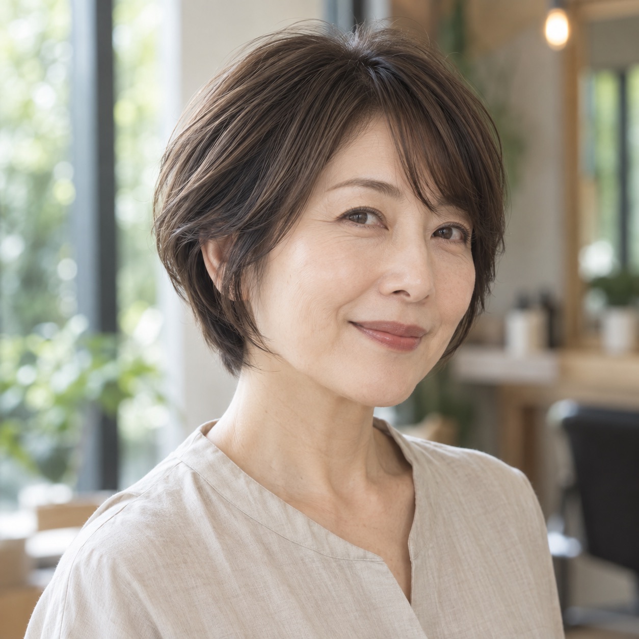 ベージュの服を着た女性の、顔まわりとショートヘアのシルエットが分かる正面寄りのイメージ