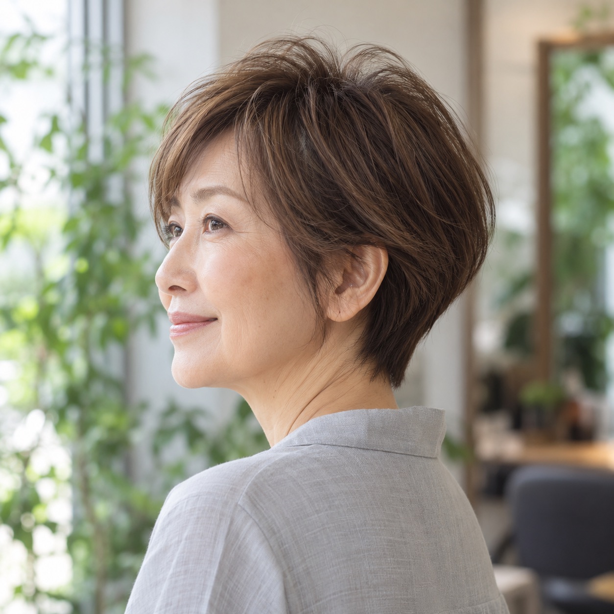 グレーの服を着た女性の、トップの高さと後頭部の丸みが分かるショートヘアの横顔イメージ
