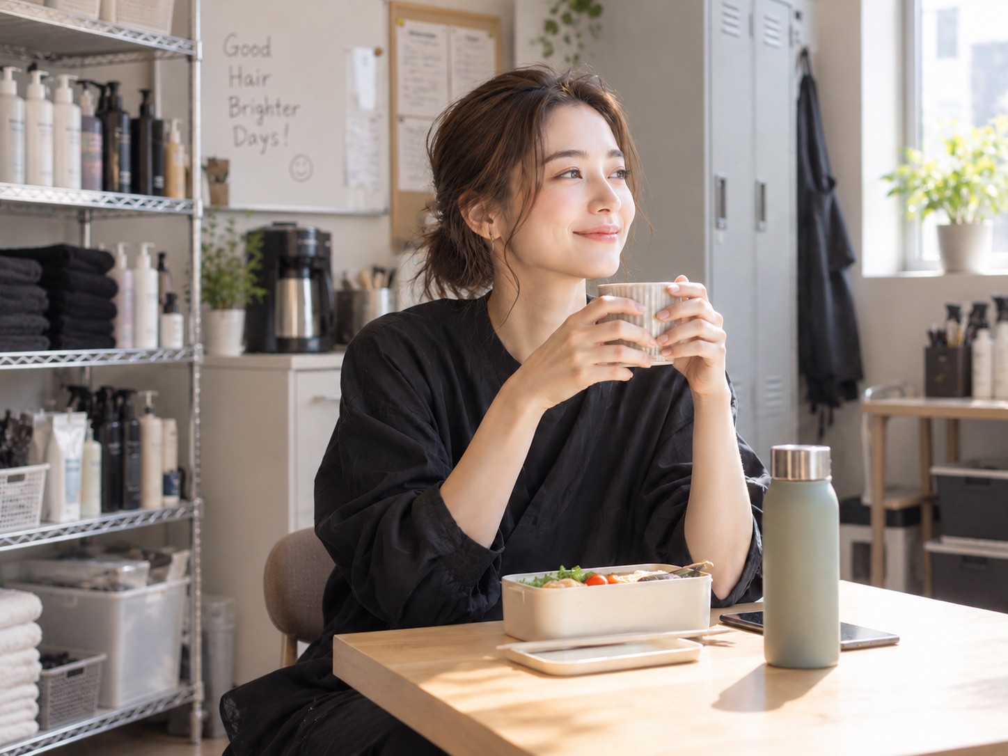 スタッフルームでお弁当と飲み物を前に休憩するhair greenスタッフ