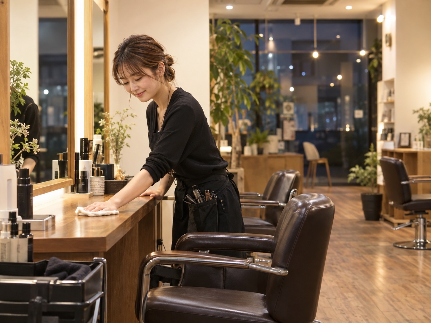 営業終了に向けて店内のカウンターを拭くhair greenスタッフ